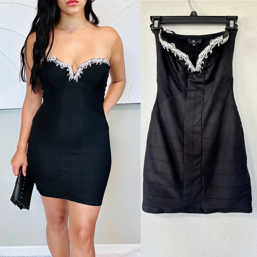 Sky Black Strapless Bandage Tiger Rhinestone Dress - Picture 4 of 14